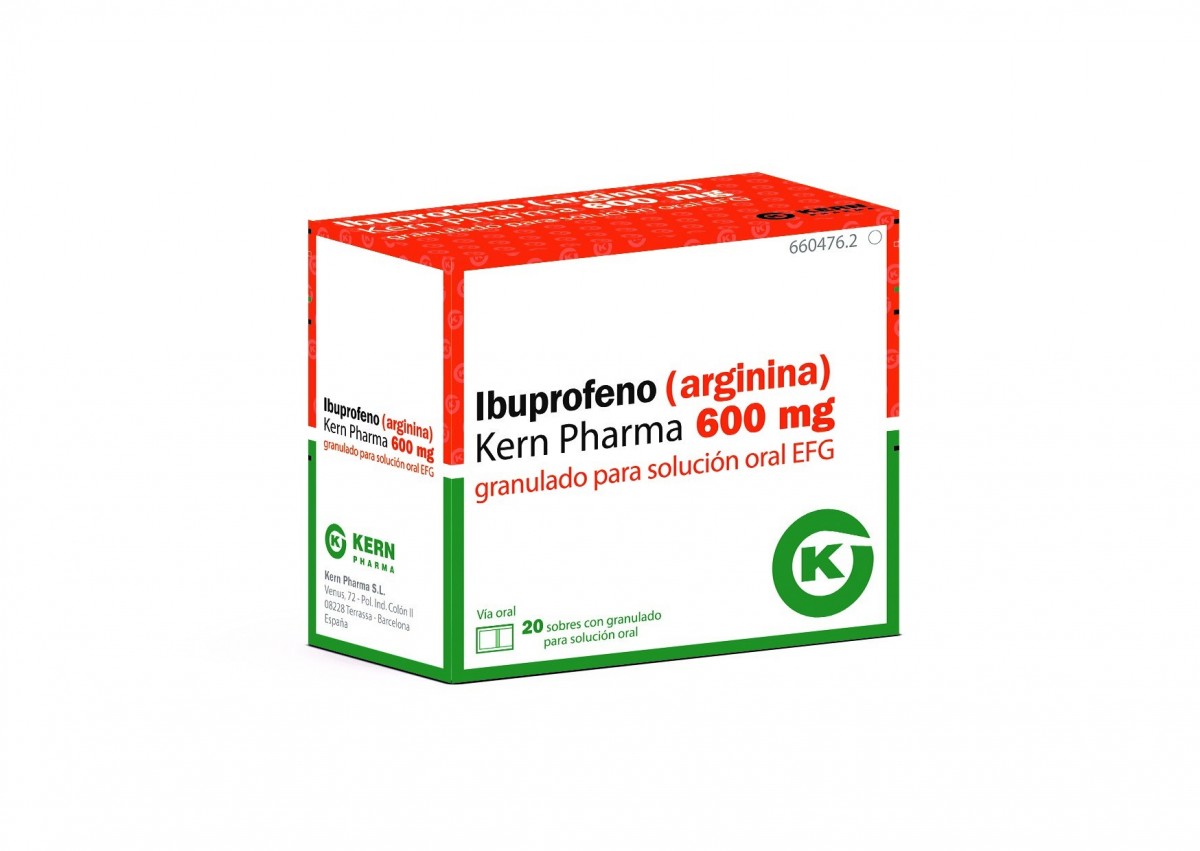 IBUPROFENO (ARGININA) KERN PHARMA 600 mg GRANULADO PARA SOLUCION ORAL EFG, 20 sobres fotografía del envase.