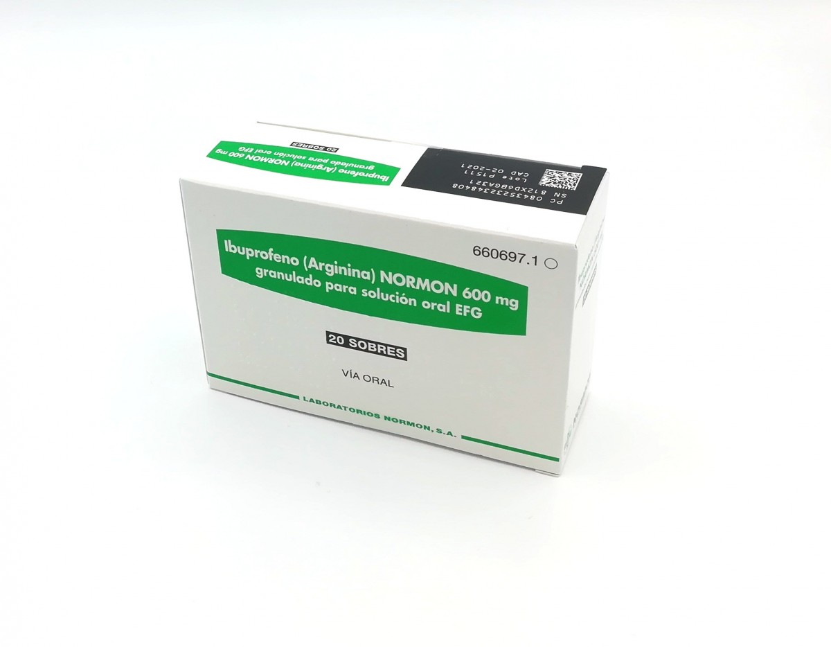 IBUPROFENO (ARGININA) NORMON 600 mg GRANULADO PARA SOLUCION ORAL EFG , 500 sobres fotografía del envase.