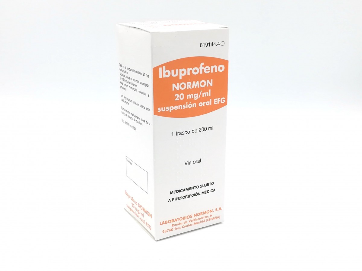 IBUPROFENO NORMON 20 mg/ml SUSPENSION ORAL EFG , 1 frasco de 200 ml fotografía del envase.