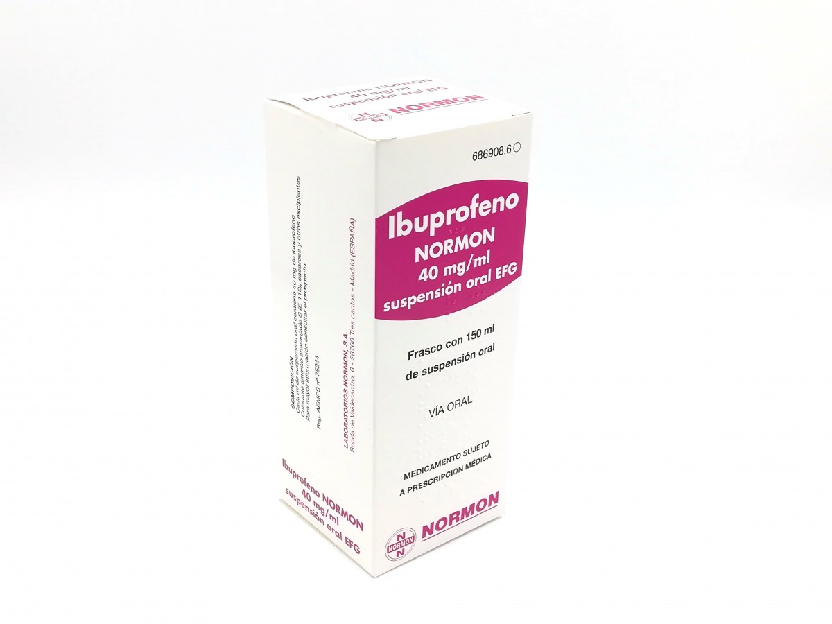 IBUPROFENO NORMON 40 mg/ml SUSPENSION ORAL EFG , 1 frasco de 150 ml fotografía del envase.