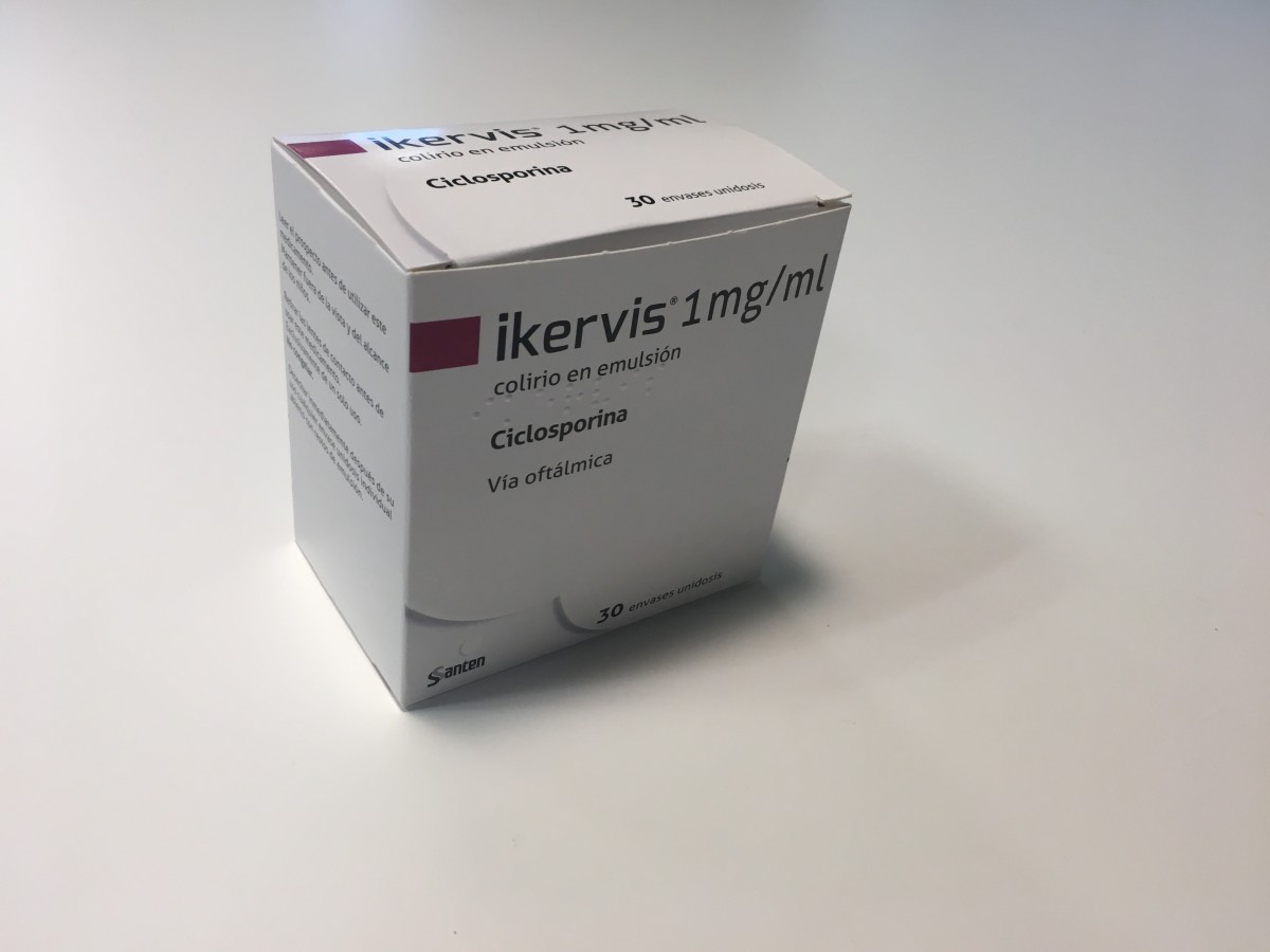 IKERVIS 1 mg/ml colirio en emulsion 30 envases unidosis de 0,3 ml fotografía del envase.