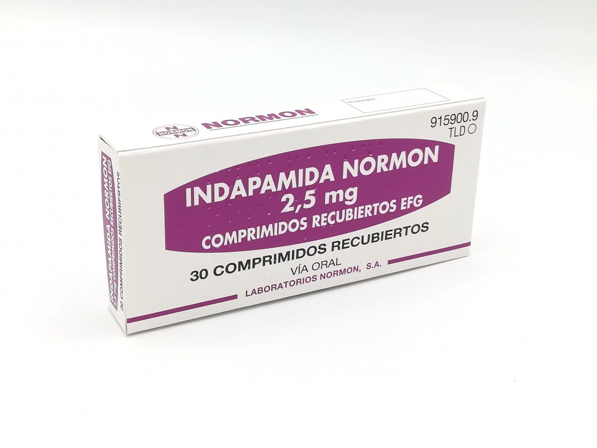 INDAPAMIDA NORMON 2,5 mg COMPRIMIDOS RECUBIERTOS EFG, 30 comprimidos fotografía del envase.