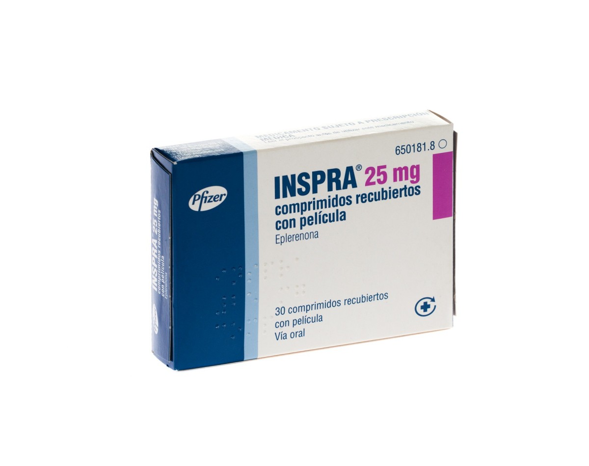INSPRA 25 mg COMPRIMIDOS RECUBIERTOS CON PELICULA, 200 comprimidos fotografía del envase.