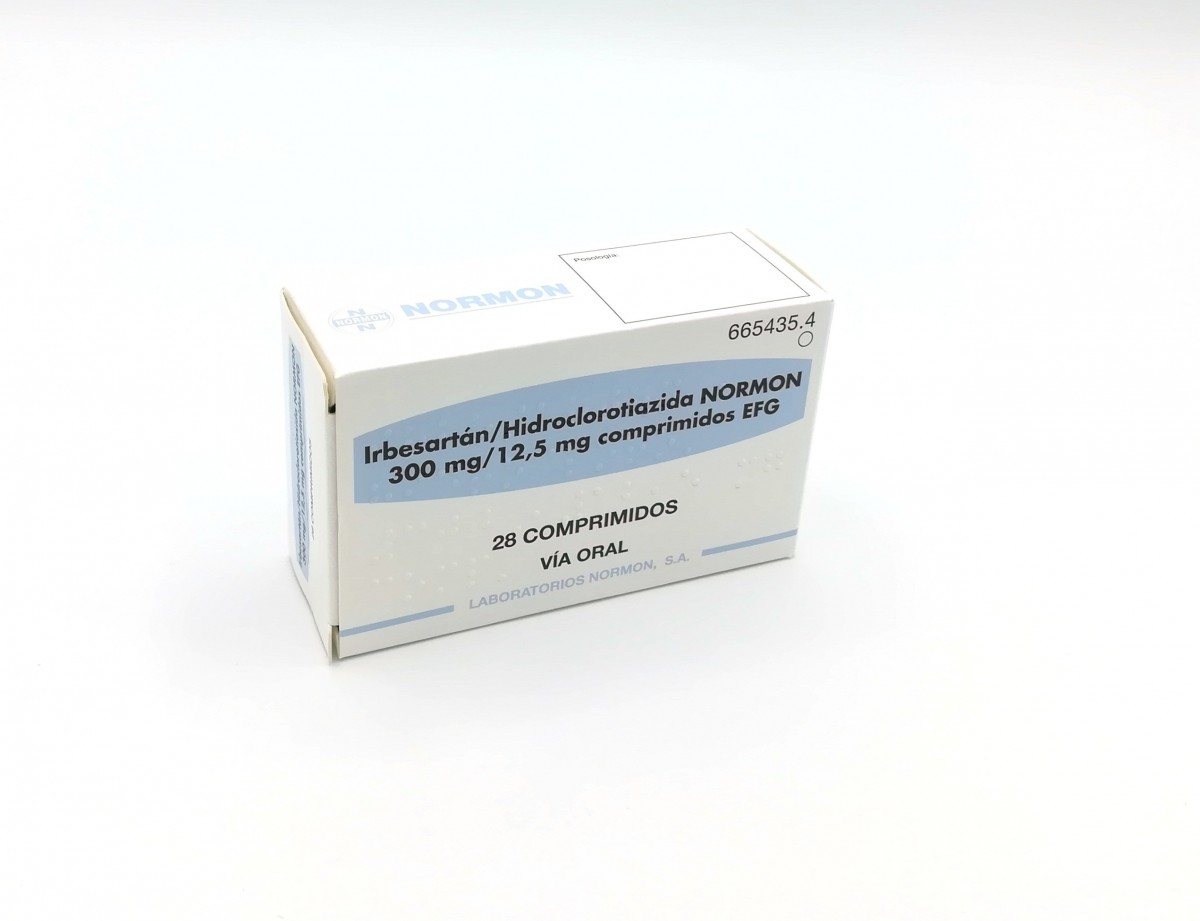 IRBESARTAN/HIDROCLOROTIAZIDA NORMON 300 mg/12,5 mg COMPRIMIDOS EFG, 28 comprimidos fotografía del envase.