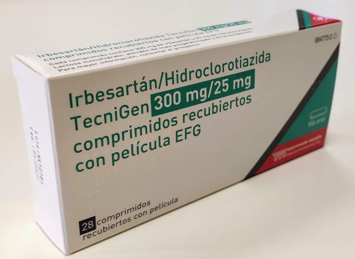 IRBESARTAN/HIDROCLOROTIAZIDA TECNIGEN 300 mg/25  mg COMPRIMIDOS RECUBIERTOS CON PELICULA EFG , 28 comprimidos fotografía del envase.