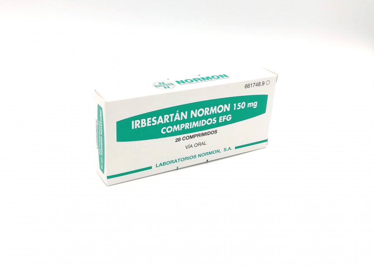 IRBESARTAN NORMON 150 mg COMPRIMIDOS EFG, 28 comprimidos fotografía del envase.