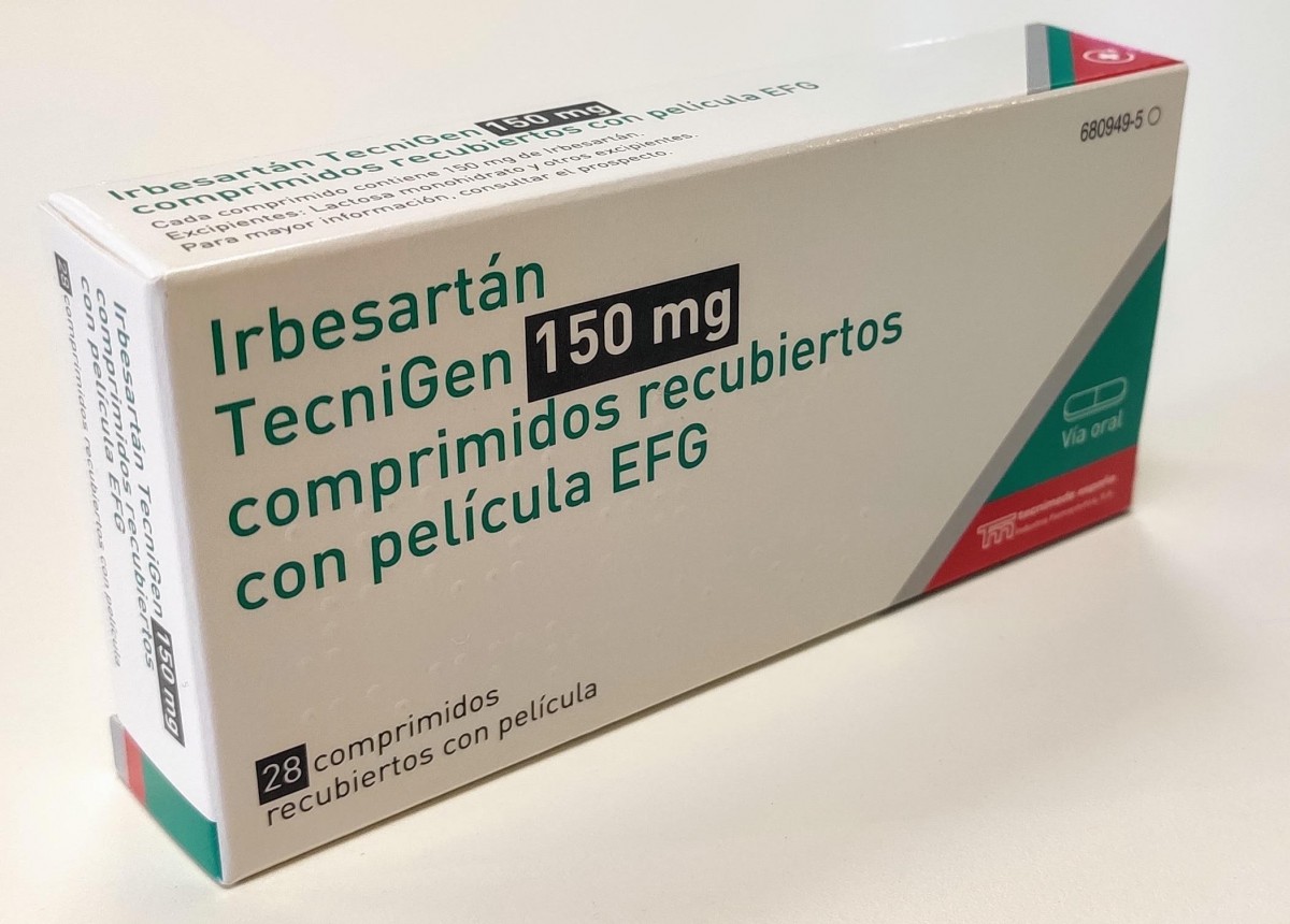 IRBESARTAN TECNIGEN 150 mg COMPRIMIDOS RECUBIERTOS CON PELICULA EFG, 28 comprimidos fotografía del envase.