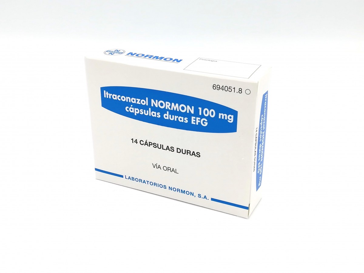 ITRACONAZOL NORMON 100 mg CAPSULAS DURAS EFG, 18 cápsulas fotografía del envase.