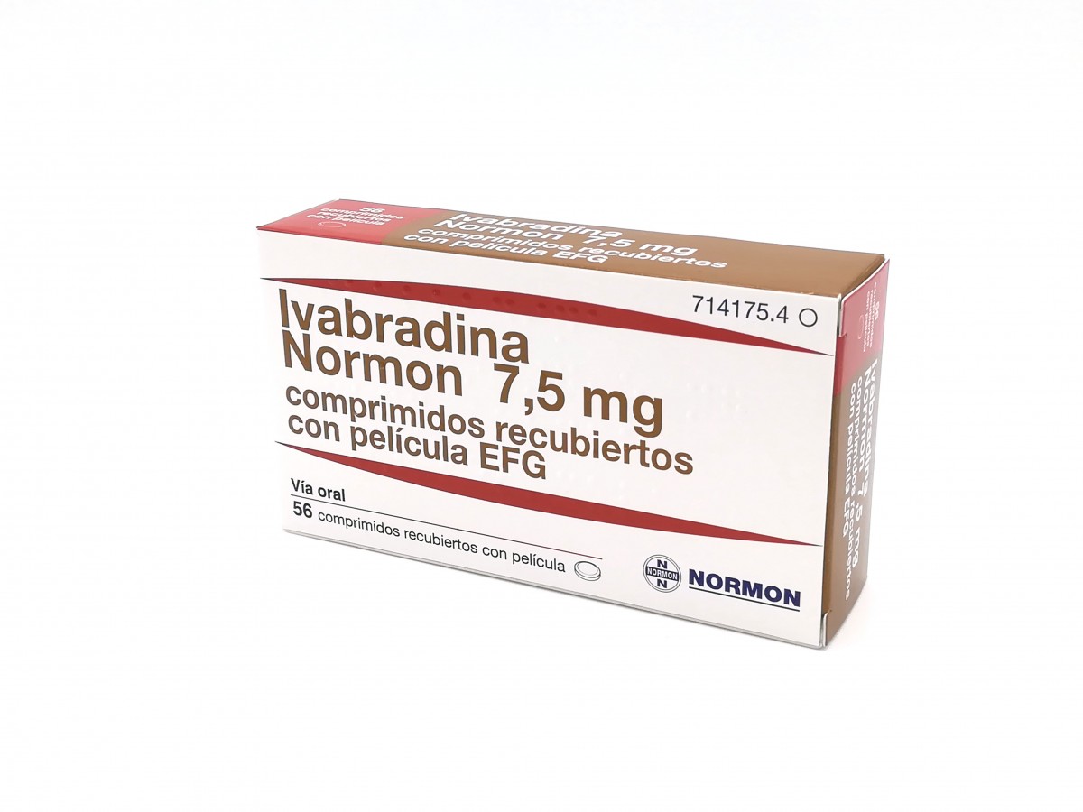IVABRADINA NORMON 7,5 MG COMPRIMIDOS RECUBIERTOS CON PELICULA EFG, 56 comprimidos fotografía del envase.