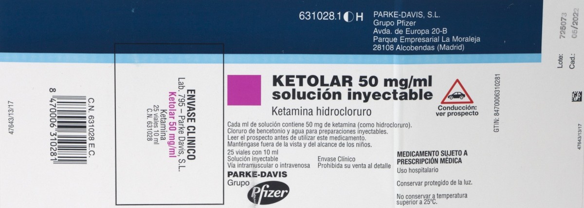 KETOLAR 50 mg/ml SOLUCION INYECTABLE , 1 vial de 10 ml fotografía del envase.