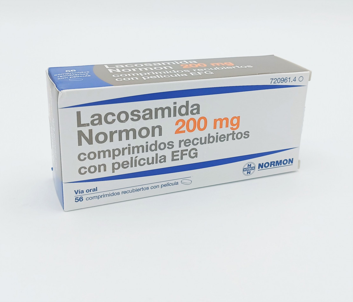 LACOSAMIDA NORMON 200 MG COMPRIMIDOS RECUBIERTOS CON PELICULA EFG, 56 comprimidos (Blister Al/PVC) fotografía del envase.