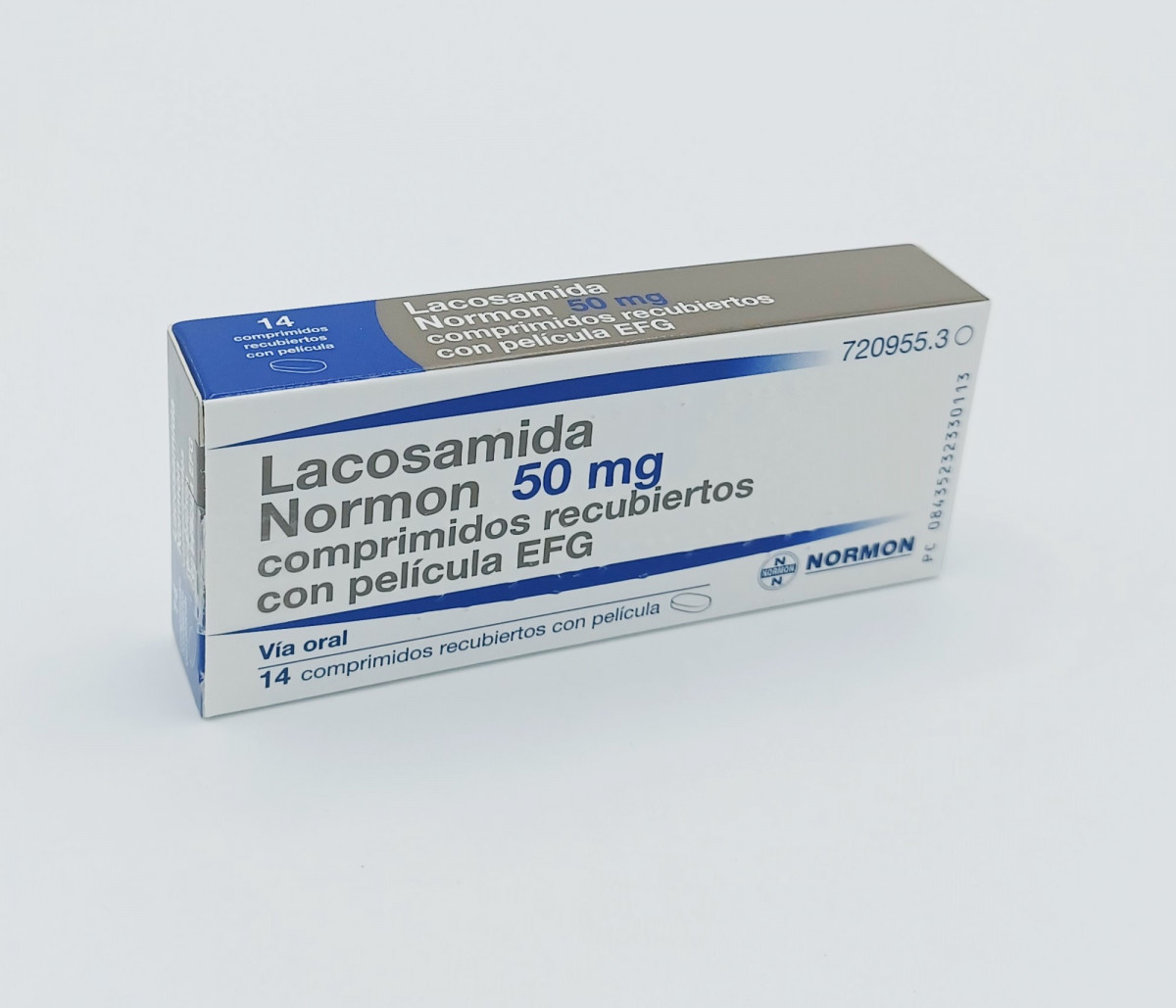 LACOSAMIDA NORMON 50 MG COMPRIMIDOS RECUBIERTOS CON PELICULA EFG, 14 comprimidos (Blister Al/PVC) fotografía del envase.