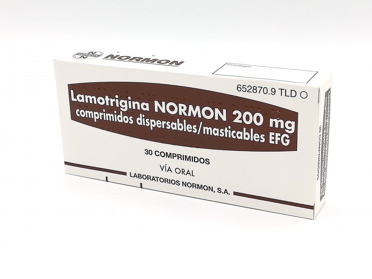 LAMOTRIGINA NORMON 200 mg COMPRIMIDOS DISPERSABLES/MASTICABLES EFG, 30 comprimidos fotografía del envase.