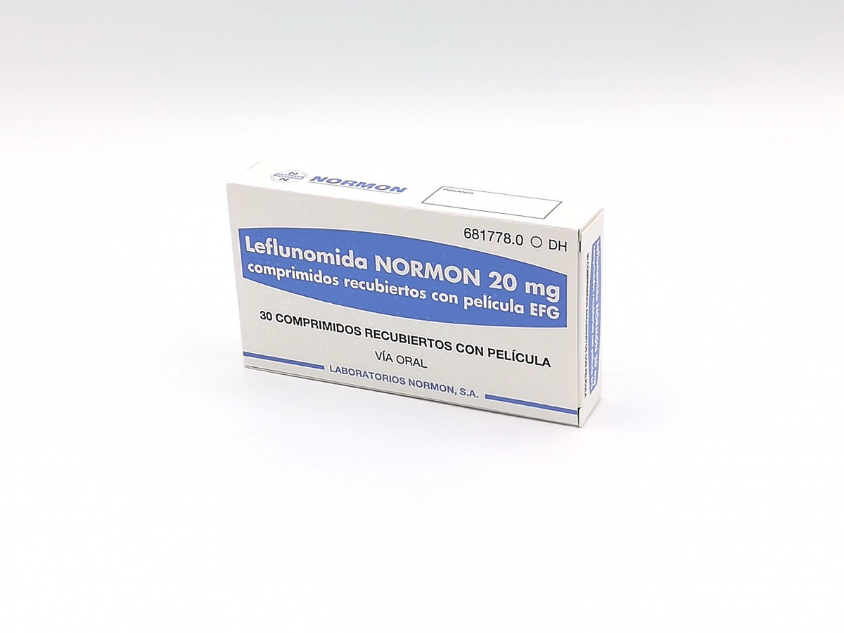 LEFLUNOMIDA NORMON 20 mg COMPRIMIDOS RECUBIERTOS CON PELICULA EFG, 100 comprimidos fotografía del envase.