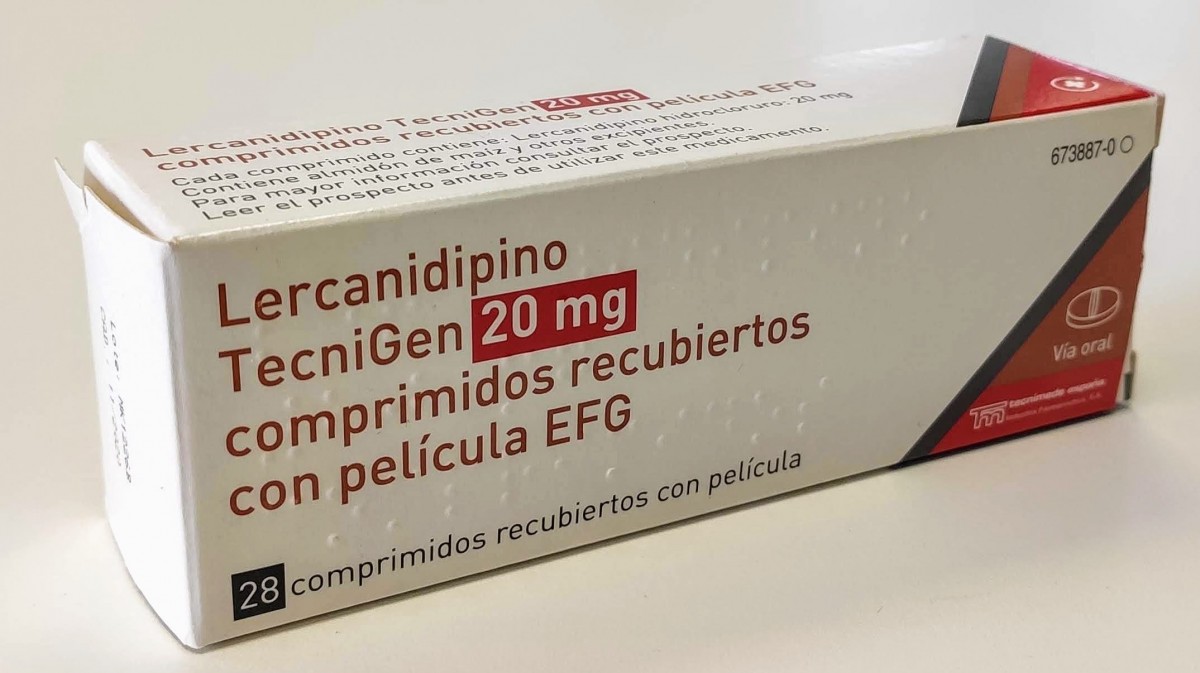 LERCANIDIPINO TECNIGEN 20 mg COMPRIMIDOS RECUBIERTOS CON PELICULA EFG, 28 comprimidos fotografía del envase.