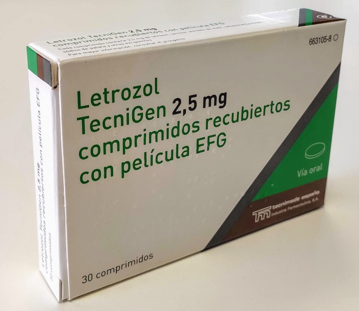 LETROZOL TECNIGEN 2,5 mg COMPRIMIDOS RECUBIERTOS CON PELICULA EFG , 30 comprimidos fotografía del envase.