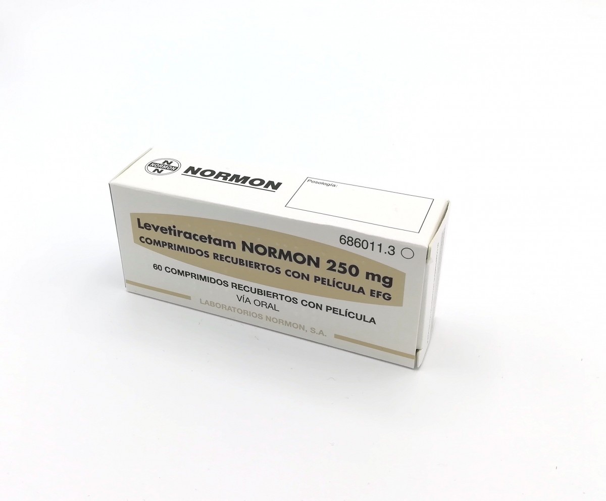 LEVETIRACETAM NORMON 250 mg COMPRIMIDOS RECUBIERTOS CON PELICULA EFG, 60 comprimidos fotografía del envase.