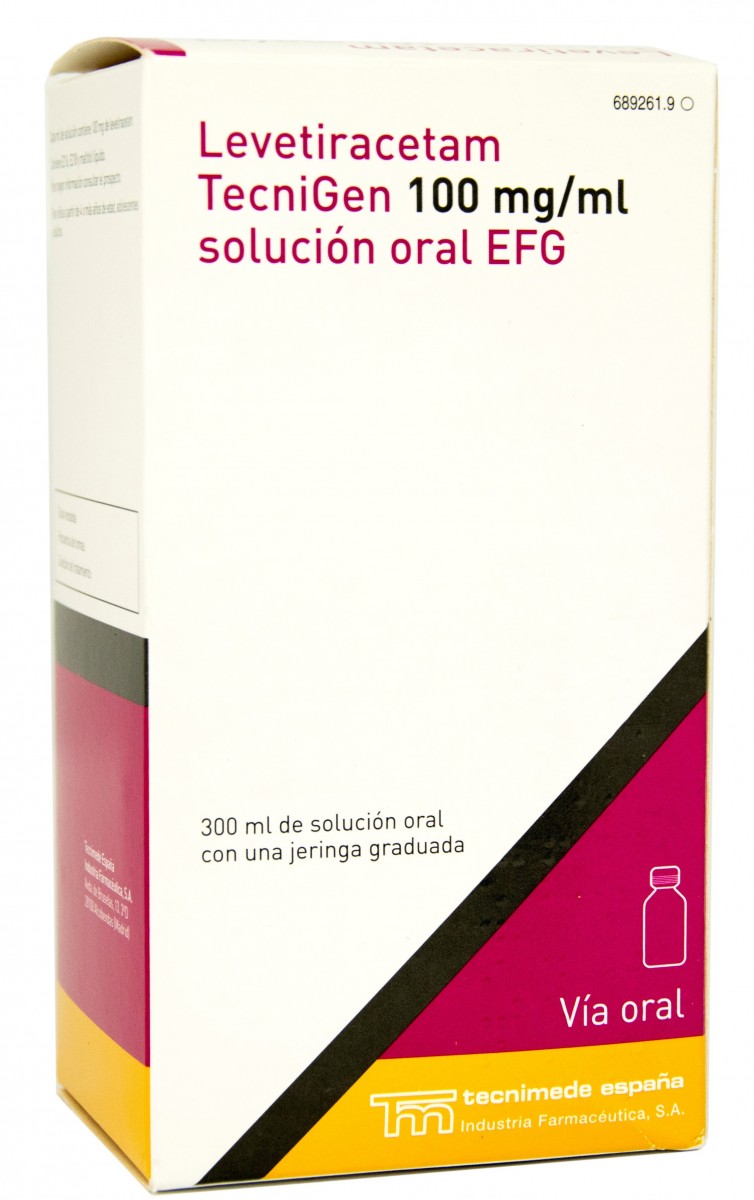 LEVETIRACETAM TECNIGEN 100  mg/ml  SOLUCION ORAL EFG, 1 frasco de 300 ml con jeringa oral de 12 ml fotografía del envase.