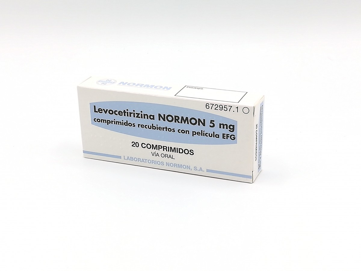 LEVOCETIRIZINA NORMON 5 mg COMPRIMIDOS RECUBIERTOS CON PELICULA EFG, 20 comprimidos fotografía del envase.