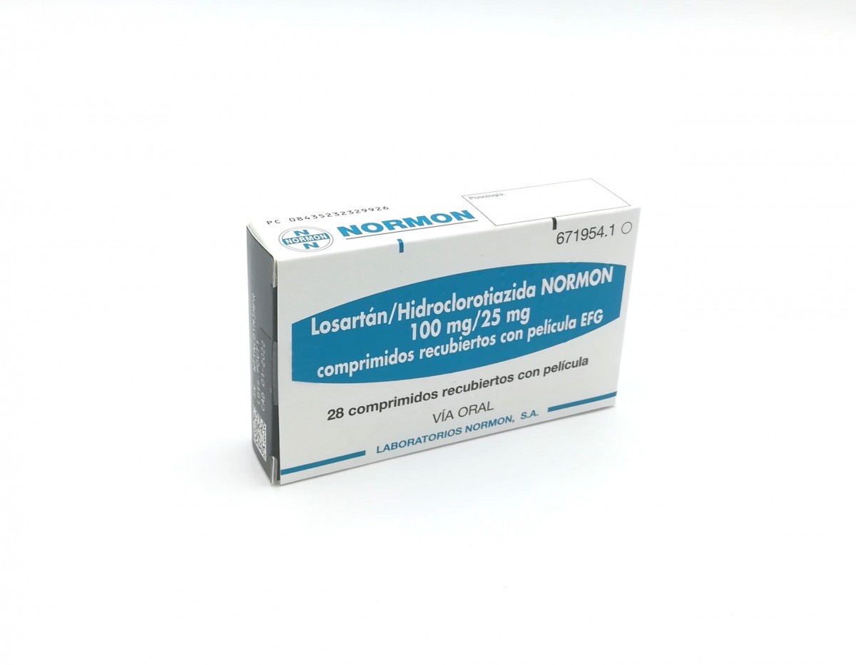 LOSARTAN/HIDROCLOROTIAZIDA NORMON 100/25 mg COMPRIMIDOS RECUBIERTOS CON PELICULA EFG, 28 comprimidos fotografía del envase.