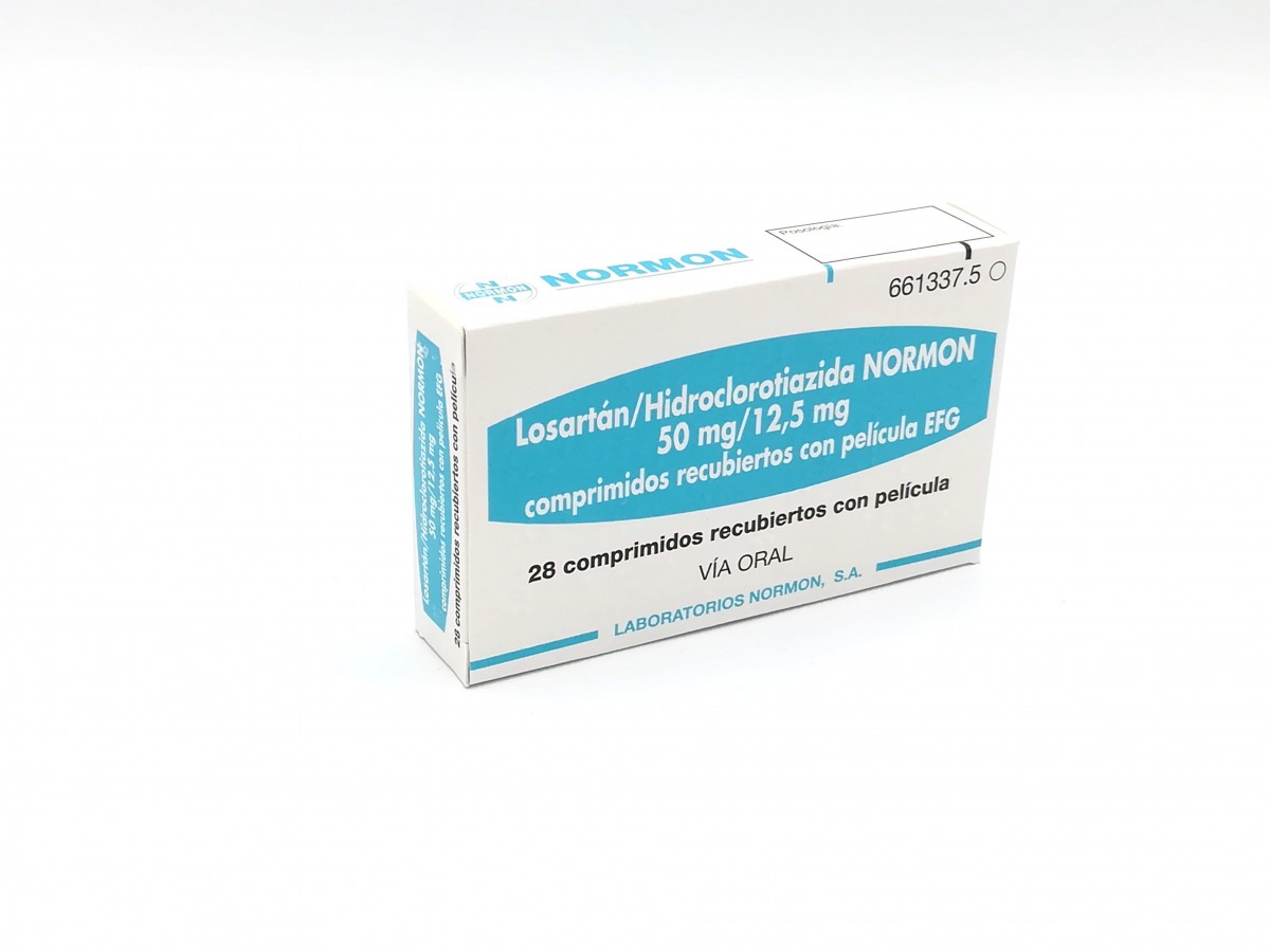 LOSARTAN/HIDROCLOROTIAZIDA NORMON 50/12,5 mg COMPRIMIDOS RECUBIERTOS CON PELICULA EFG, 28 comprimidos fotografía del envase.