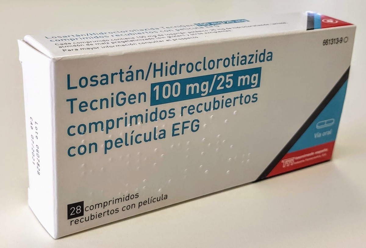 LOSARTAN/HIDROCLOROTIAZIDA TECNIGEN 100/25 mg COMPRIMIDOS RECUBIERTOS CON PELICULA EFG , 28 comprimidos fotografía del envase.