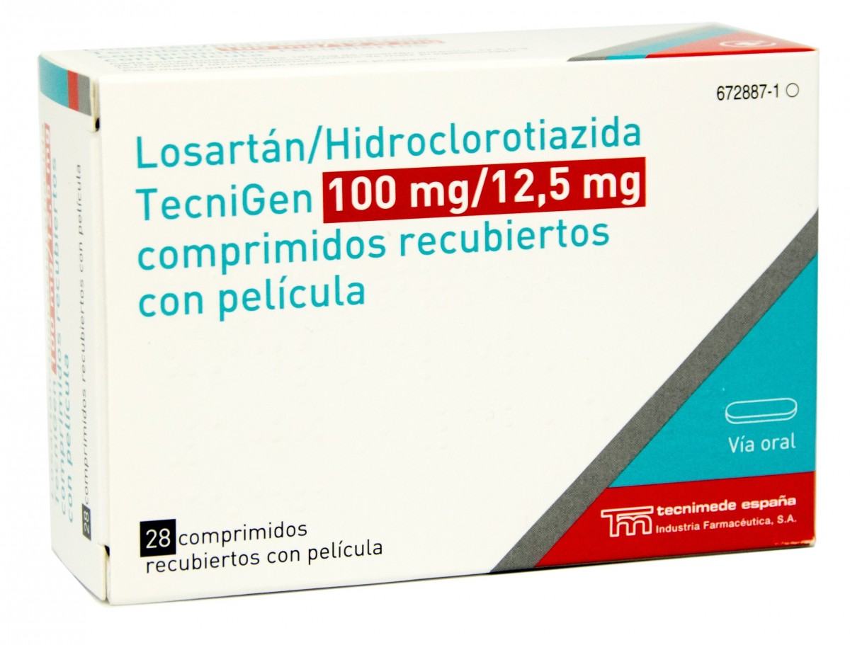 LOSARTAN/HIDROCLOROTIAZIDA TECNIGEN 100 mg/12,5 mg COMPRIMIDOS RECUBIERTOS CON PELICULA , 28 comprimidos fotografía del envase.