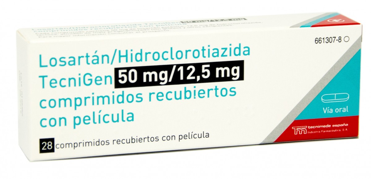 LOSARTAN/HIDROCLOROTIAZIDA TECNIGEN 50/12,5 mg COMPRIMIDOS RECUBIERTOS CON PELICULA EFG, 28 comprimidos fotografía del envase.