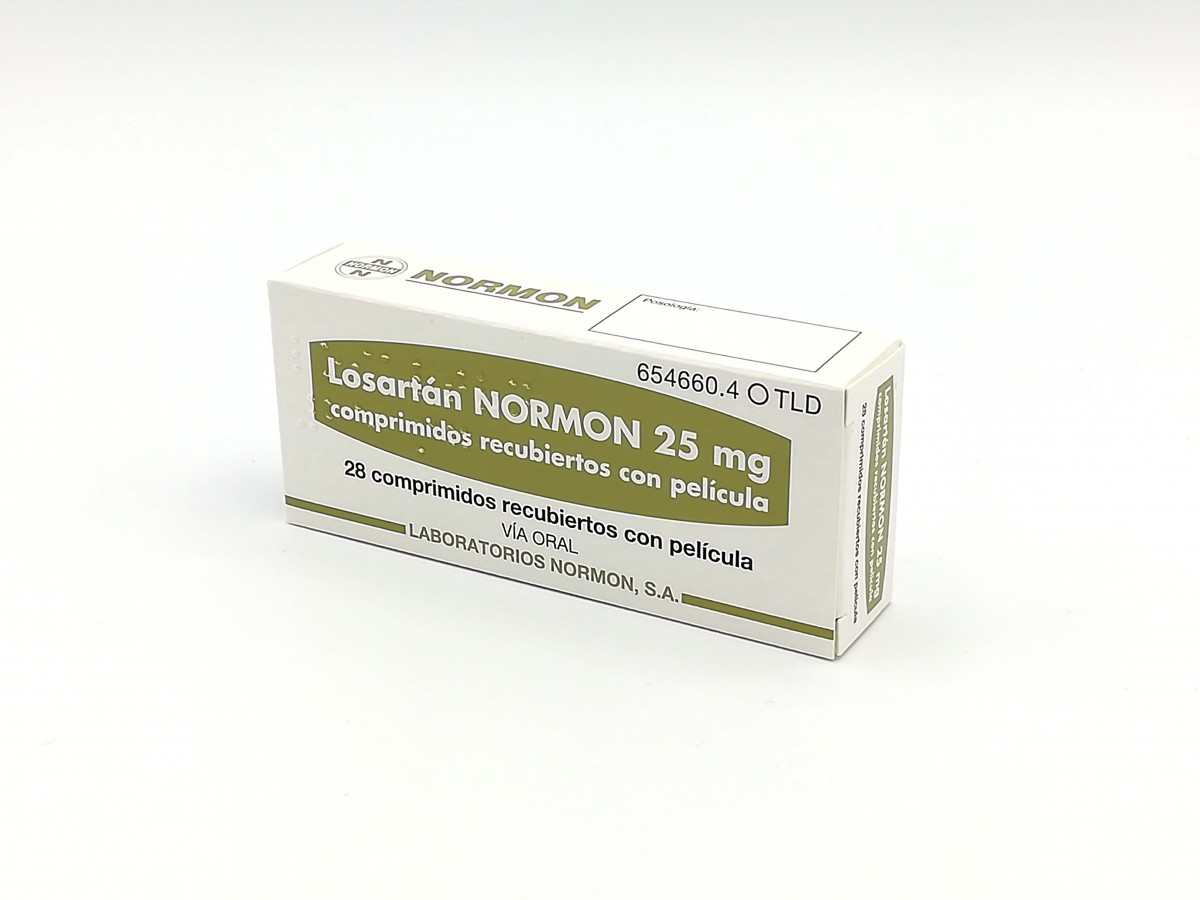 LOSARTAN NORMON 25 mg COMPRIMIDOS RECUBIERTOS CON PELICULA , 28 comprimidos fotografía del envase.