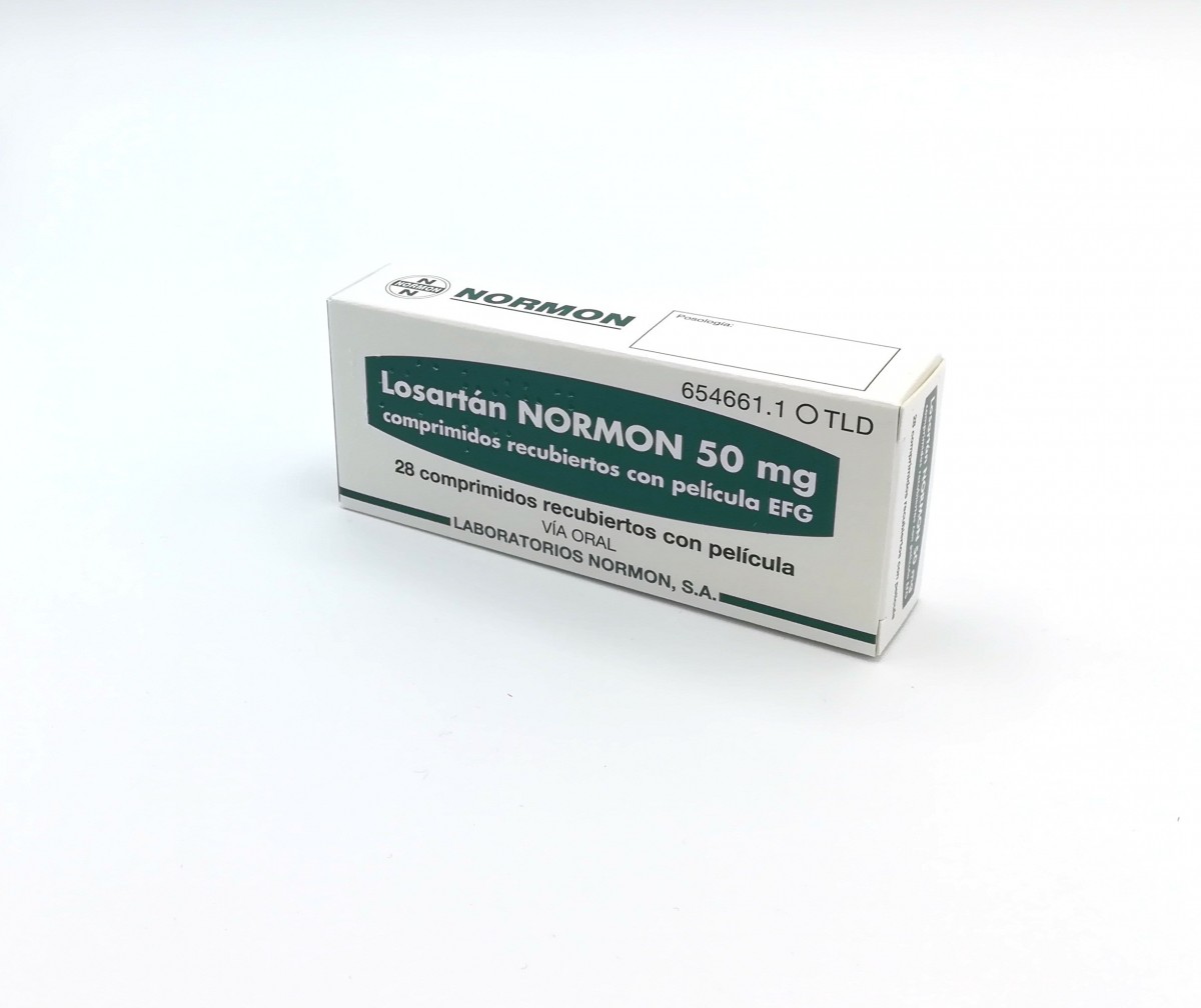 LOSARTAN NORMON 50 mg COMPRIMIDOS RECUBIERTOS CON PELICULA EFG, 28 comprimidos fotografía del envase.