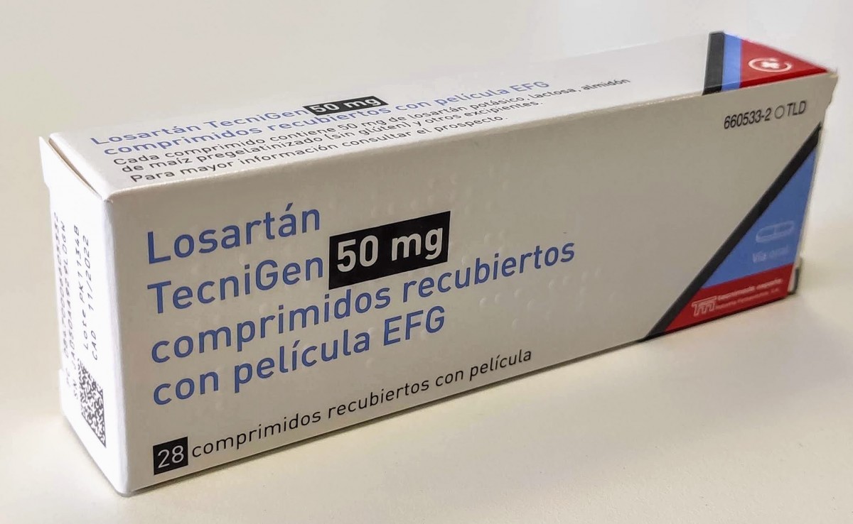 LOSARTAN TECNIGEN 50 mg COMPRIMIDOS RECUBIERTOS CON PELICULA EFG, 28 comprimidos fotografía del envase.