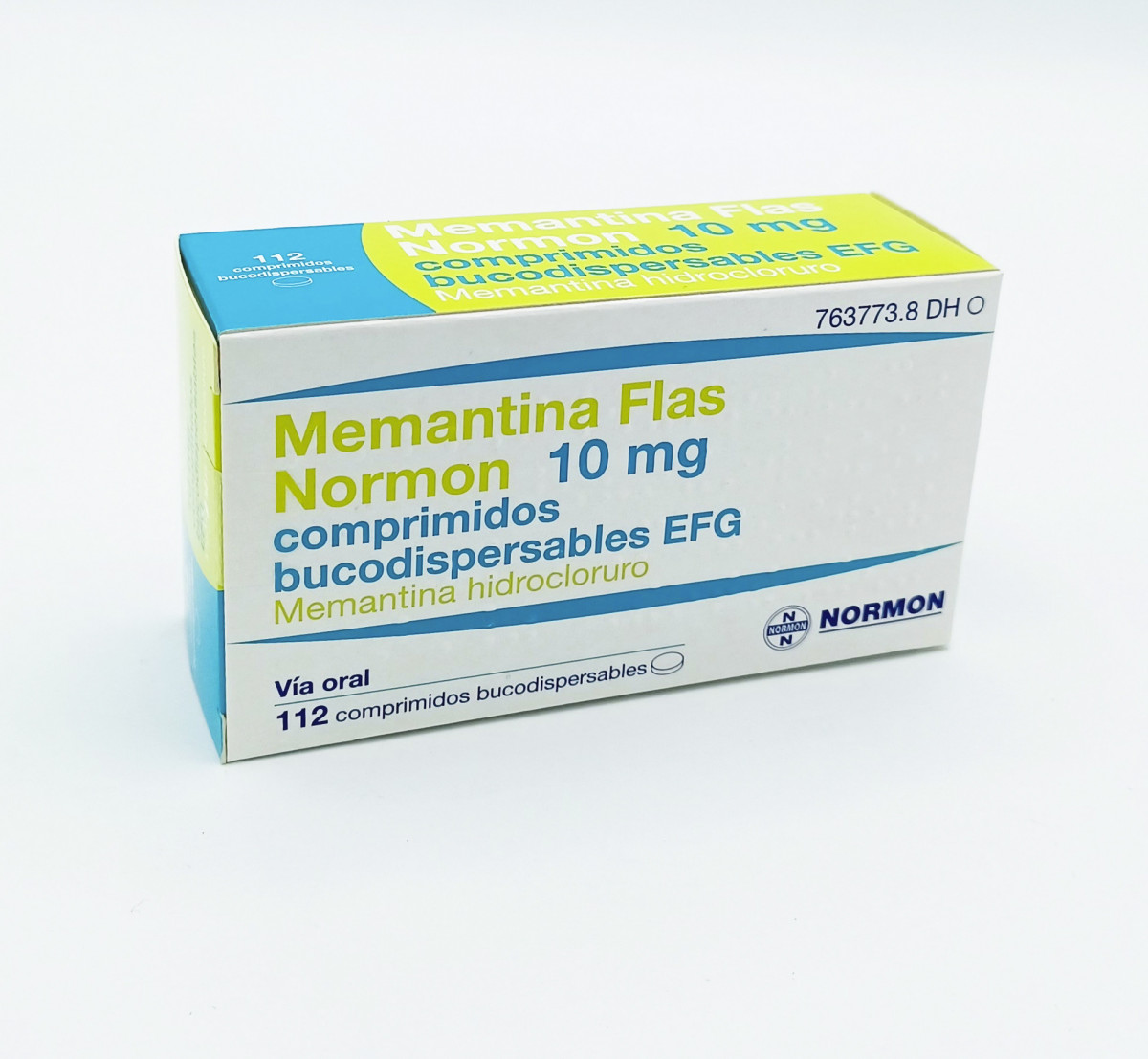 MEMANTINA FLAS NORMON 10 MG COMPRIMIDOS BUCODISPERSABLES EFG, 112 comprimidos fotografía del envase.