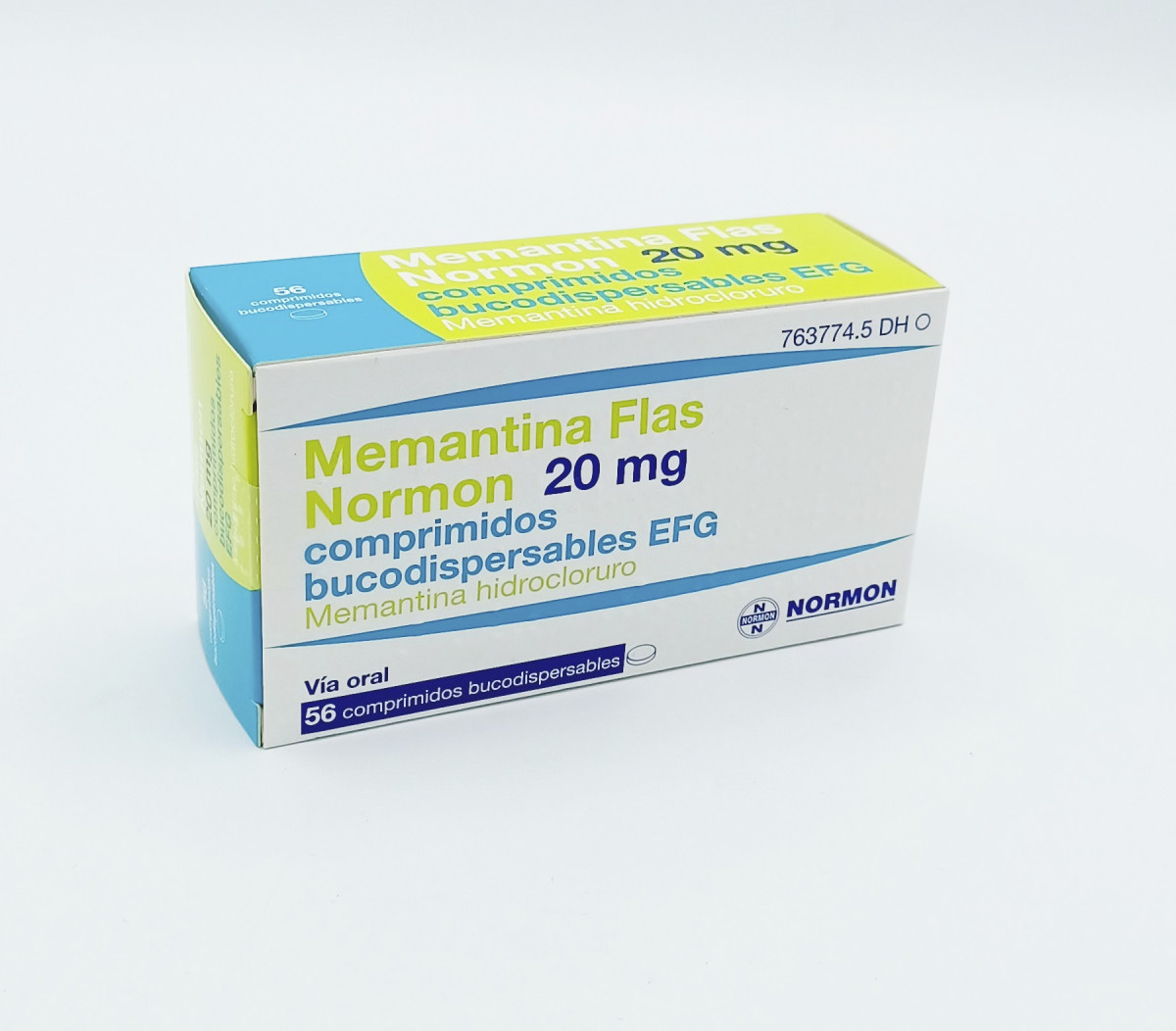 MEMANTINA FLAS NORMON 20 MG COMPRIMIDOS BUCODISPERSABLES EFG, 56 comprimidos fotografía del envase.