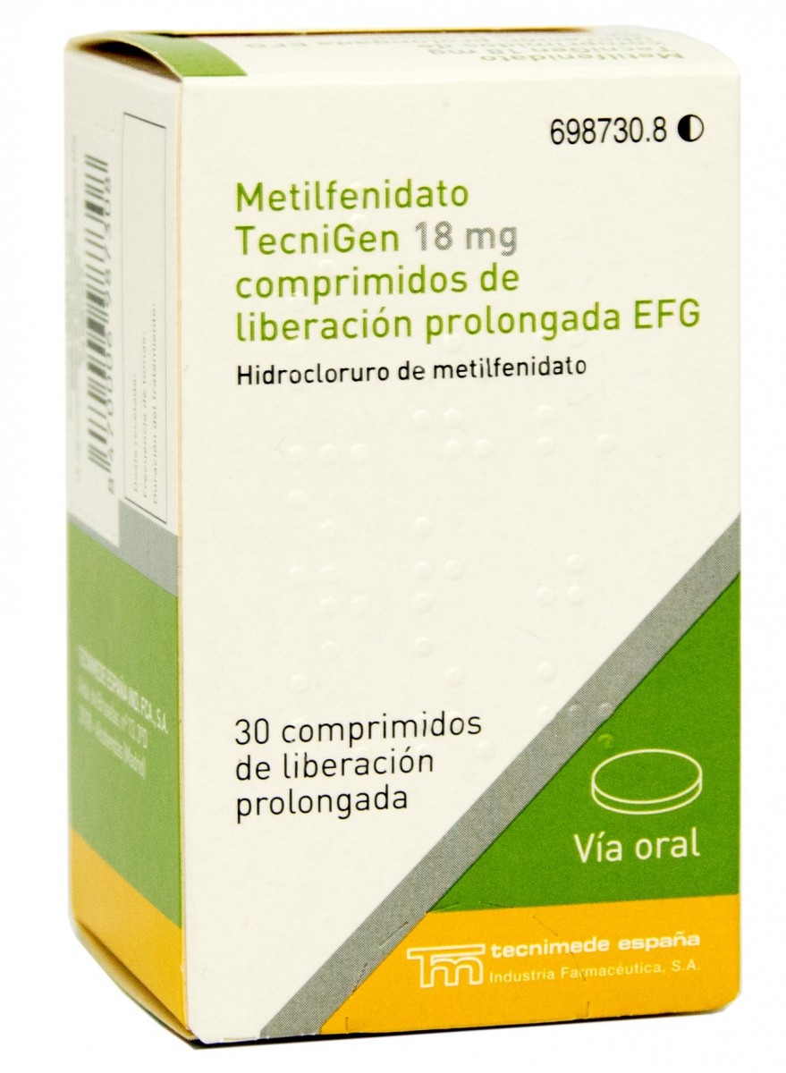 METILFENIDATO TECNIGEN 18 MG COMPRIMIDOS DE LIBERACION PROLONGADA EFG , 30 comprimidos fotografía del envase.