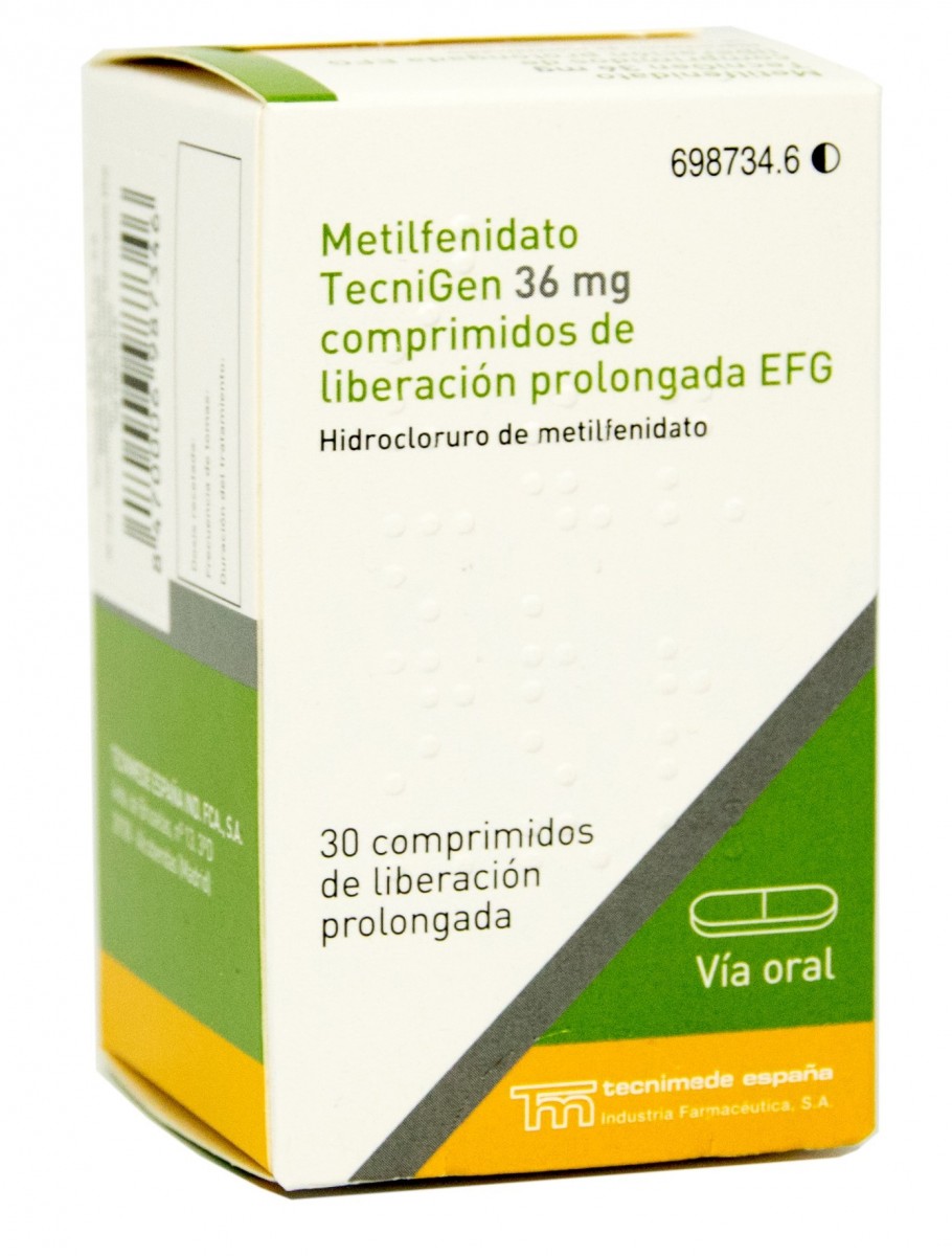METILFENIDATO TECNIGEN 36 MG COMPRIMIDOS DE LIBERACION PROLONGADA EFG , 30 comprimidos fotografía del envase.