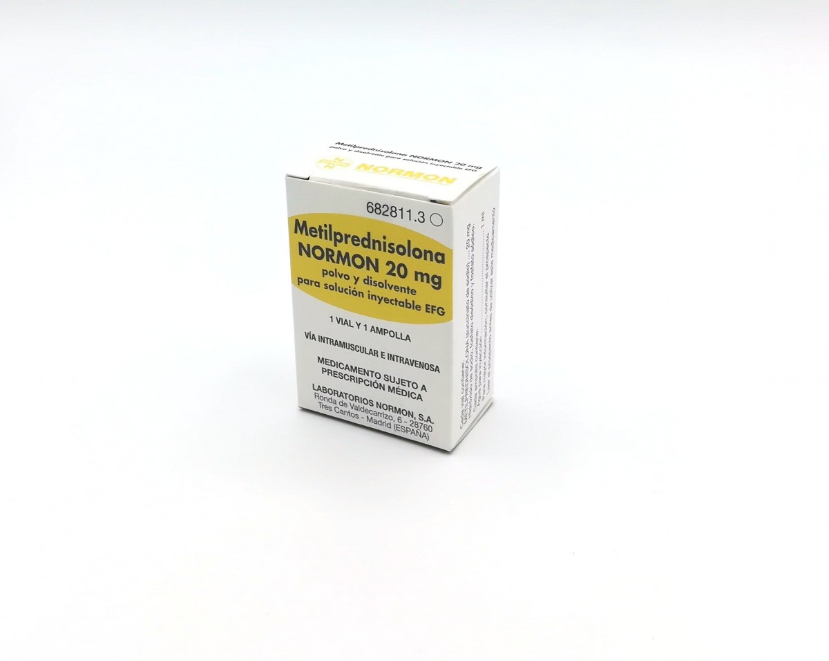 METILPREDNISOLONA NORMON 20 mg POLVO Y DISOLVENTE PARA SOLUCION INYECTABLE EFG, 3 viales + 3 ampollas de disolvente fotografía del envase.