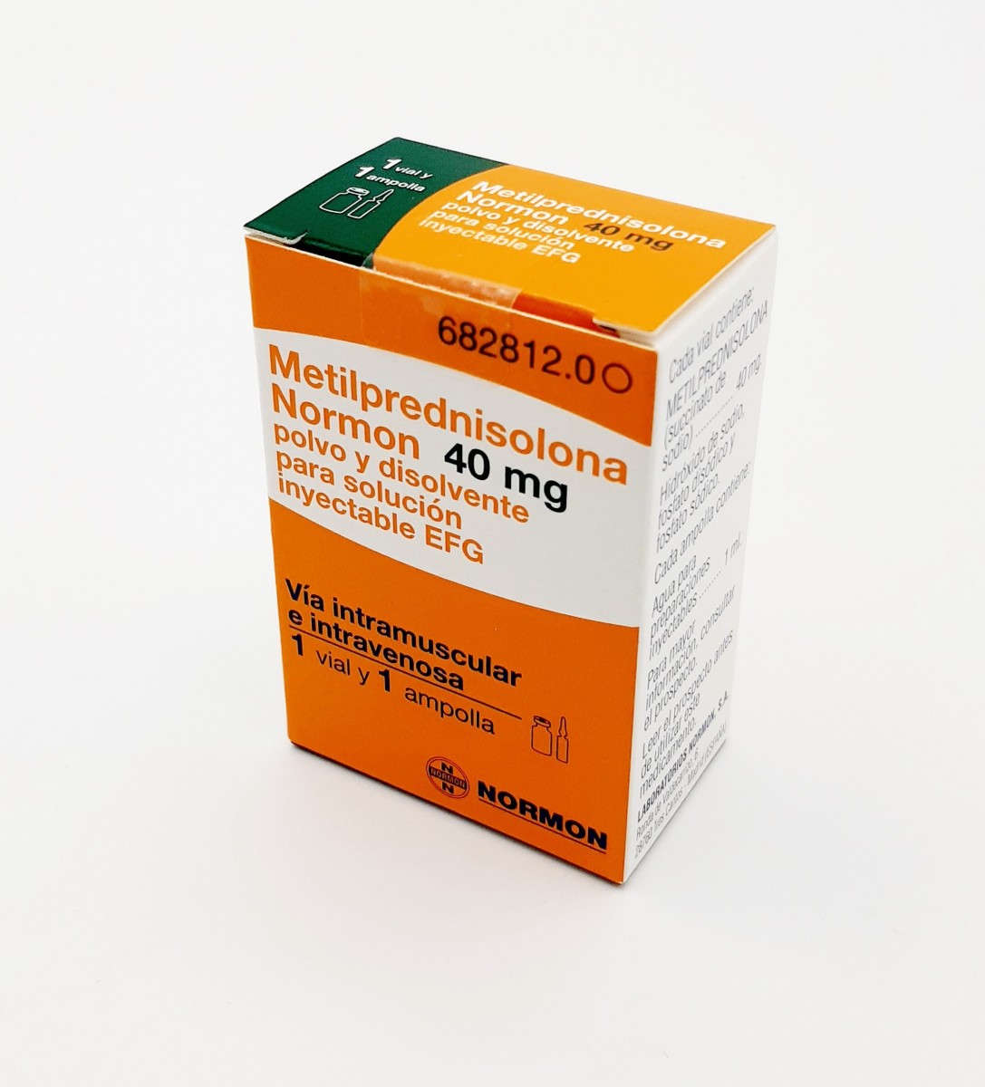 METILPREDNISOLONA NORMON 40 mg POLVO Y DISOLVENTE PARA SOLUCION INYECTABLE EFG , 3 viales + 3 ampollas de disolvente fotografía del envase.