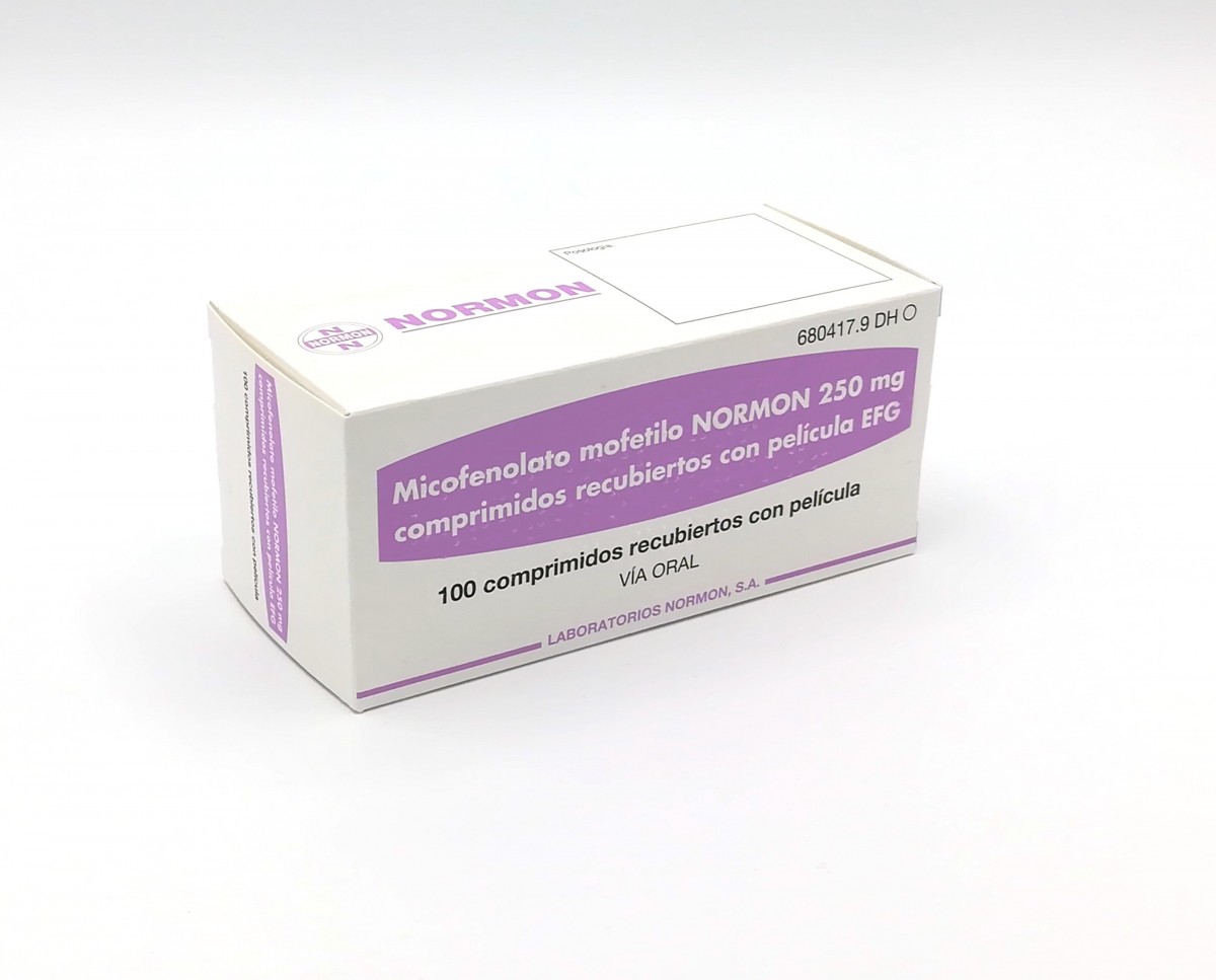 MICOFENOLATO MOFETILO NORMON 250 mg COMPRIMIDOS RECUBIERTOS CON PELICULA EFG, 100 comprimidos fotografía del envase.