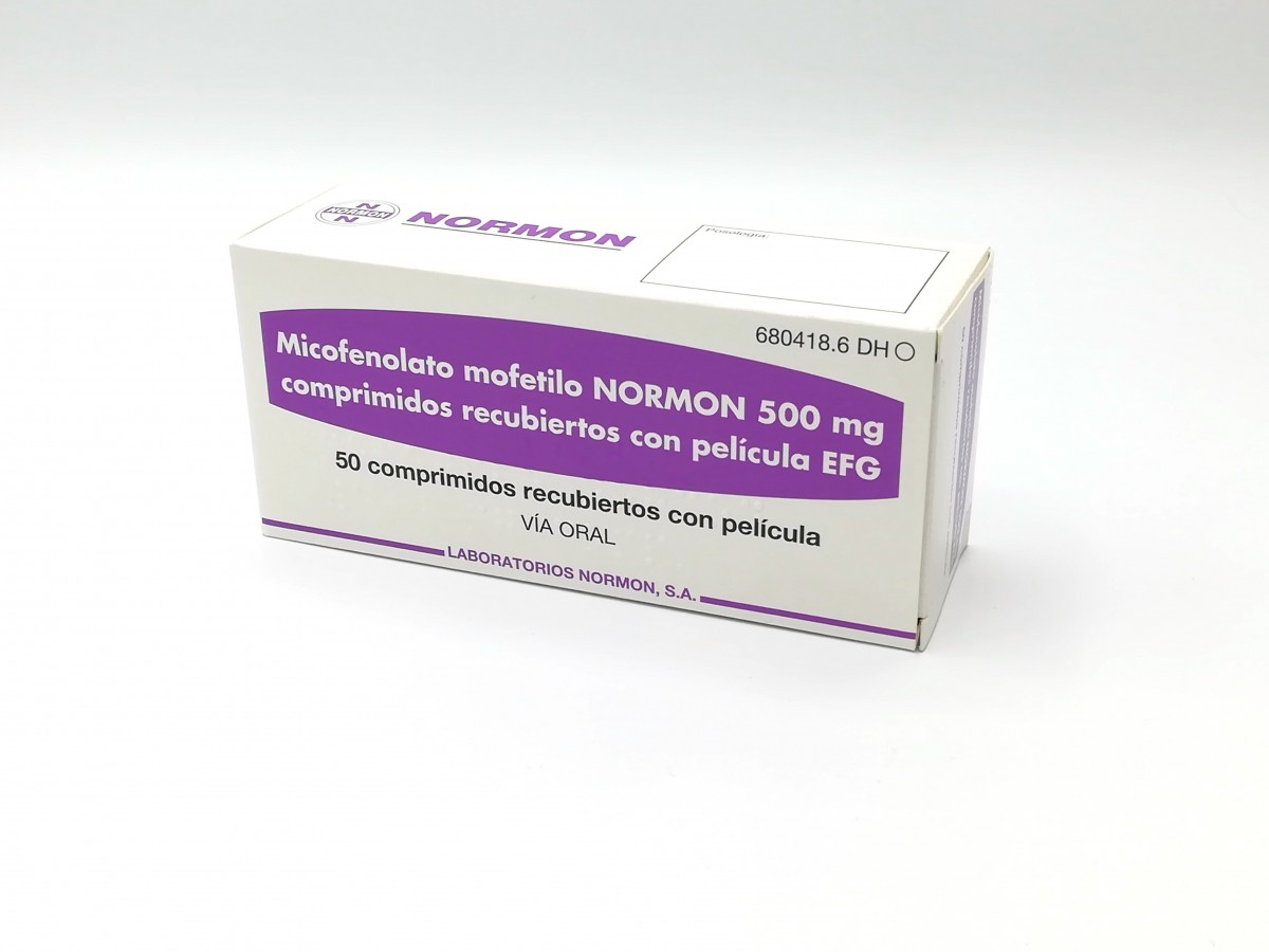 MICOFENOLATO MOFETILO NORMON 500 mg COMPRIMIDOS RECUBIERTOS CON PELICULA EFG, 50 comprimidos fotografía del envase.