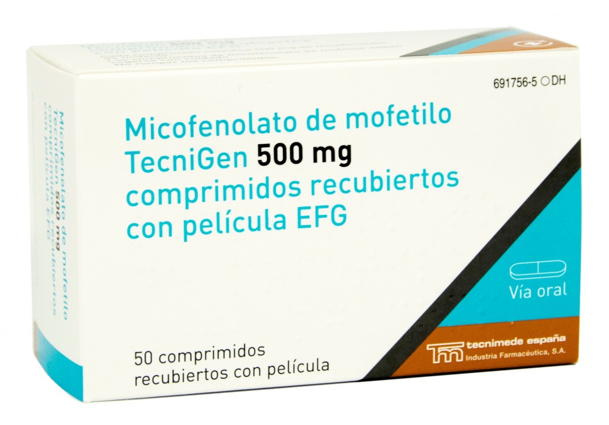 MICOFENOLATO DE MOFETILO TECNIGEN 500 mg COMPRIMIDOS RECUBIERTOS CON PELICULA EFG, 50 comprimidos fotografía del envase.