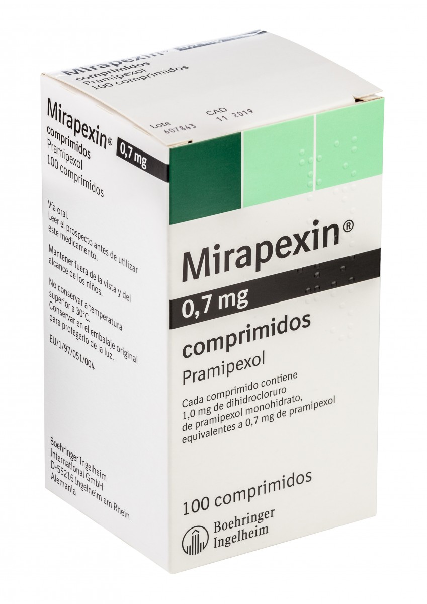 MIRAPEXIN 0,7 mg COMPRIMIDOS, 100 comprimidos fotografía del envase.