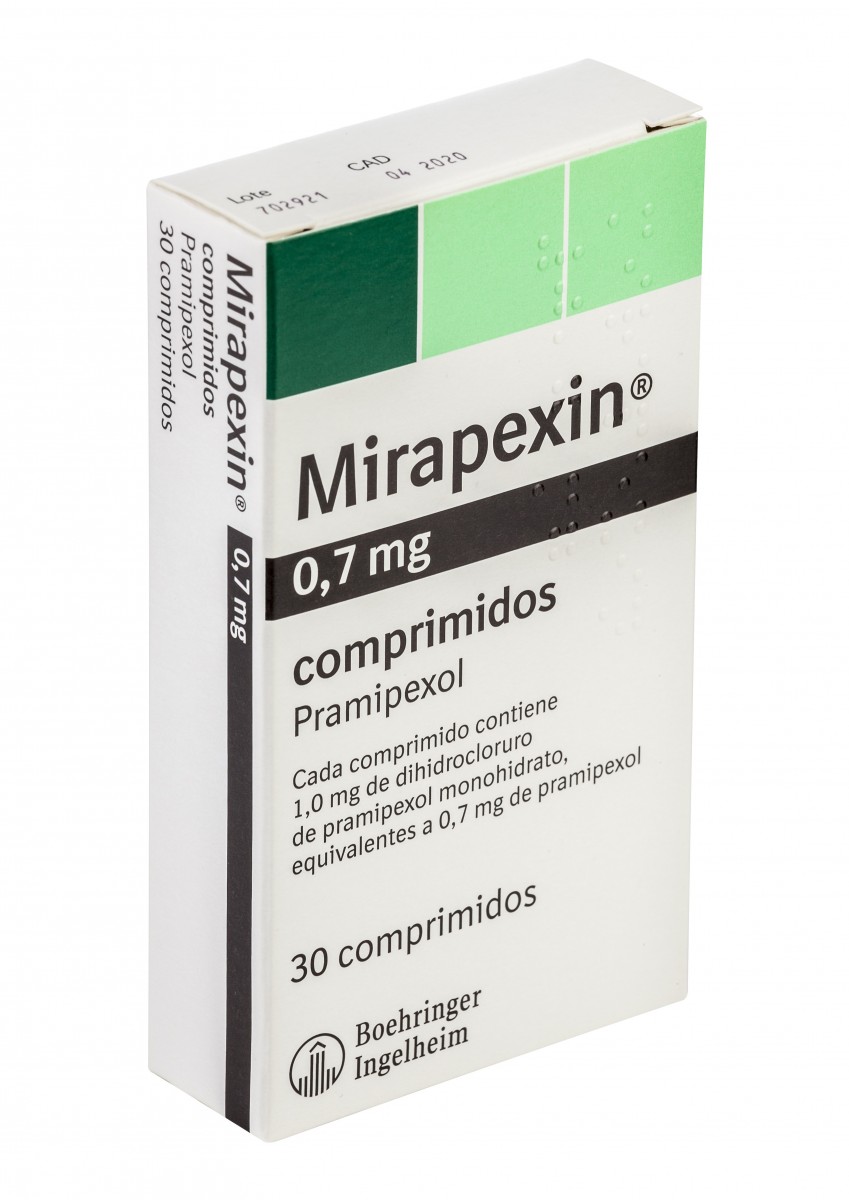 MIRAPEXIN 0,7 mg COMPRIMIDOS, 30 comprimidos fotografía del envase.