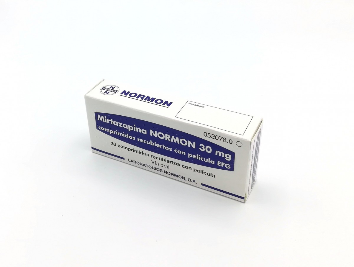 MIRTAZAPINA NORMON 30 mg COMPRIMIDOS RECUBIERTOS CON PELICULA EFG, 56 comprimidos fotografía del envase.