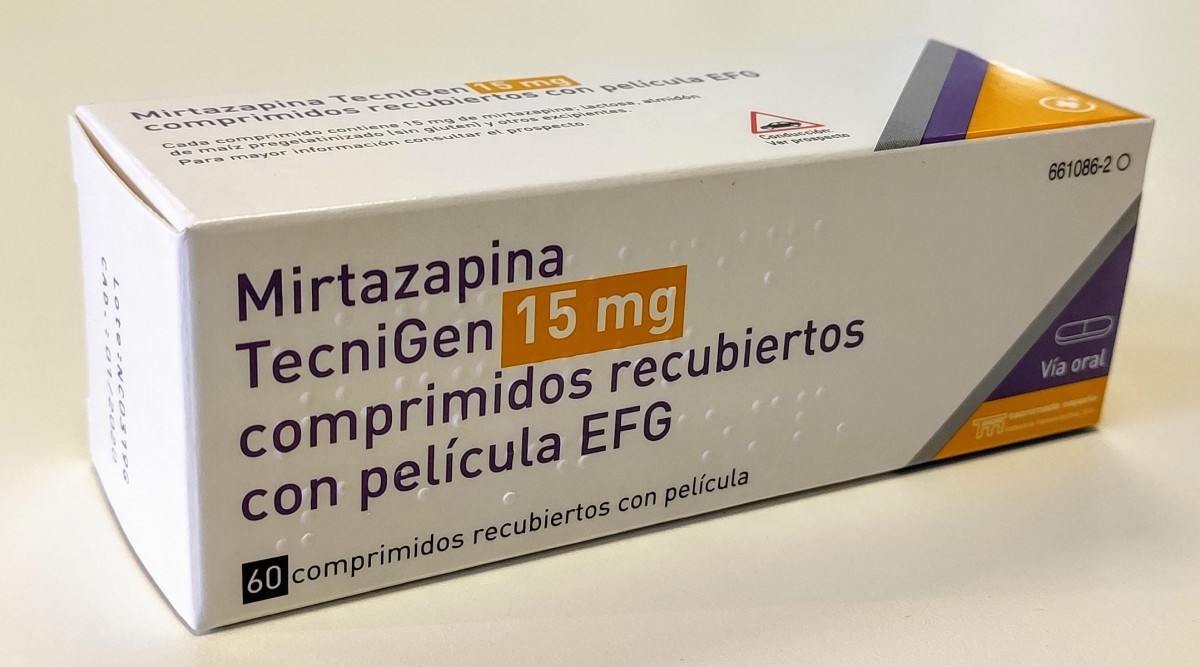 MIRTAZAPINA TECNIGEN 15 mg COMPRIMIDOS RECUBIERTOS CON PELICULA EFG , 60 comprimidos fotografía del envase.