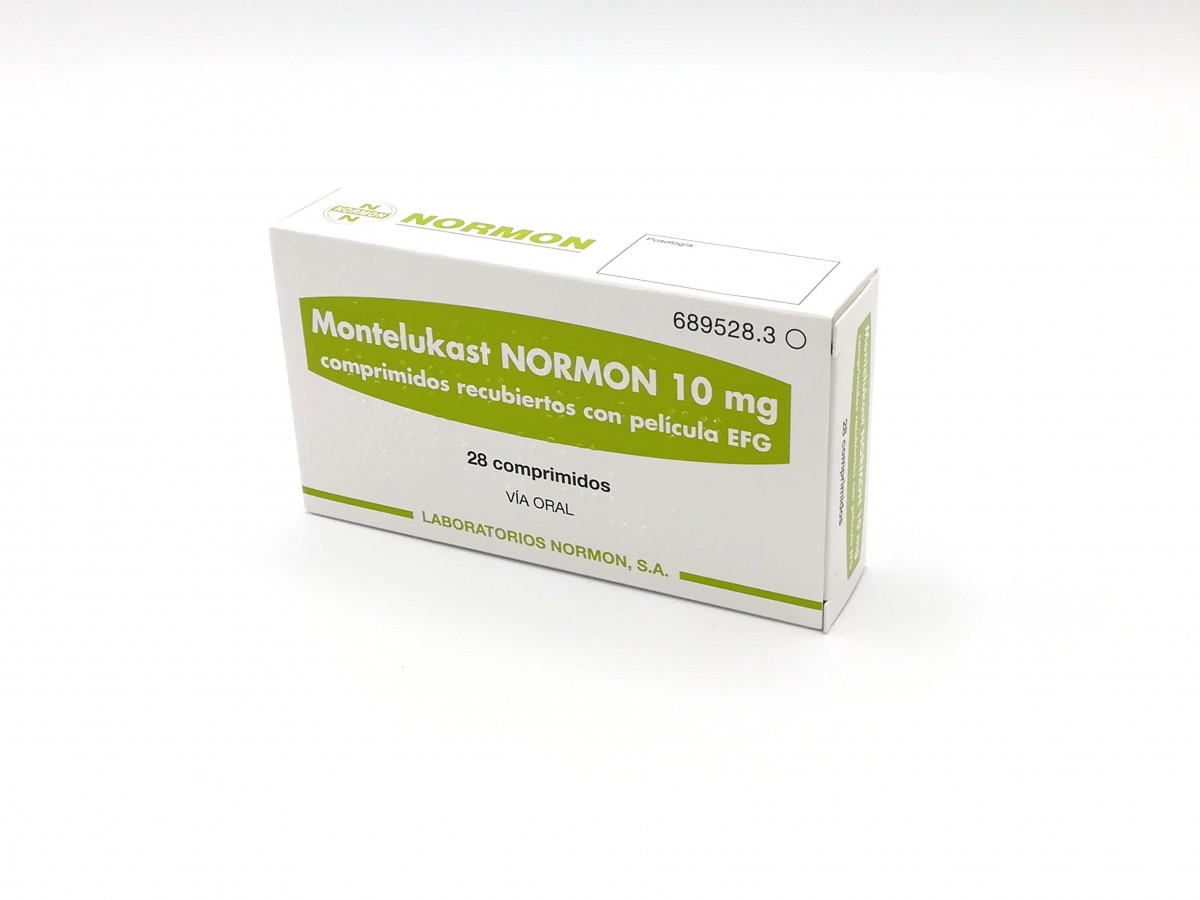 MONTELUKAST NORMON 10 mg COMPRIMIDOS RECUBIERTOS CON PELICULA EFG , 28 comprimidos fotografía del envase.