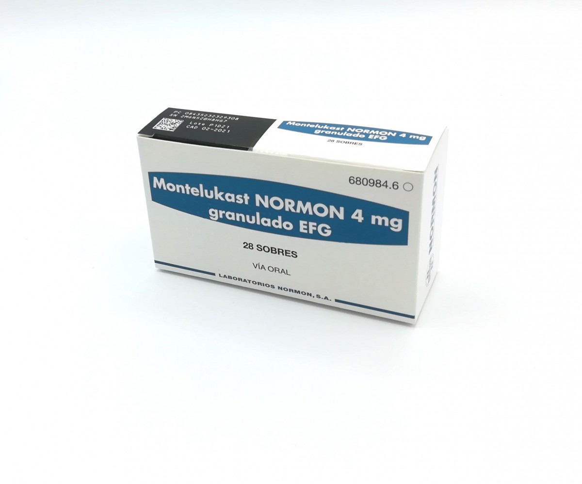 MONTELUKAST NORMON 4 mg GRANULADO EFG, 28 sobres fotografía del envase.