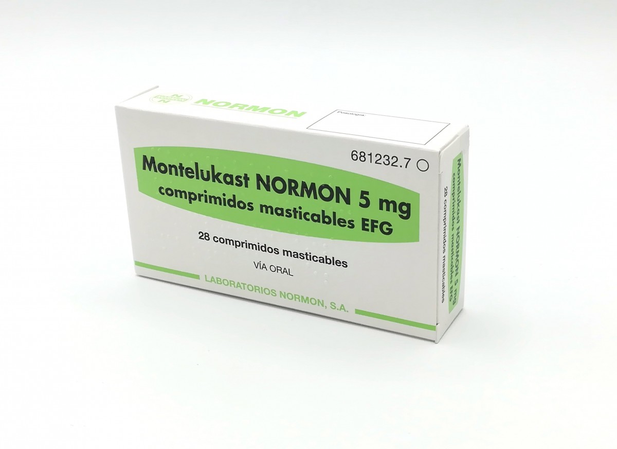 MONTELUKAST NORMON 5 mg COMPRIMIDOS MASTICABLES EFG, 28 comprimidos fotografía del envase.