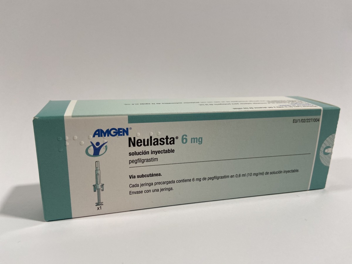 NEULASTA 6 mg SOLUCION INYECTABLE, 1 jeringa precargada de 0,6 ml fotografía del envase.