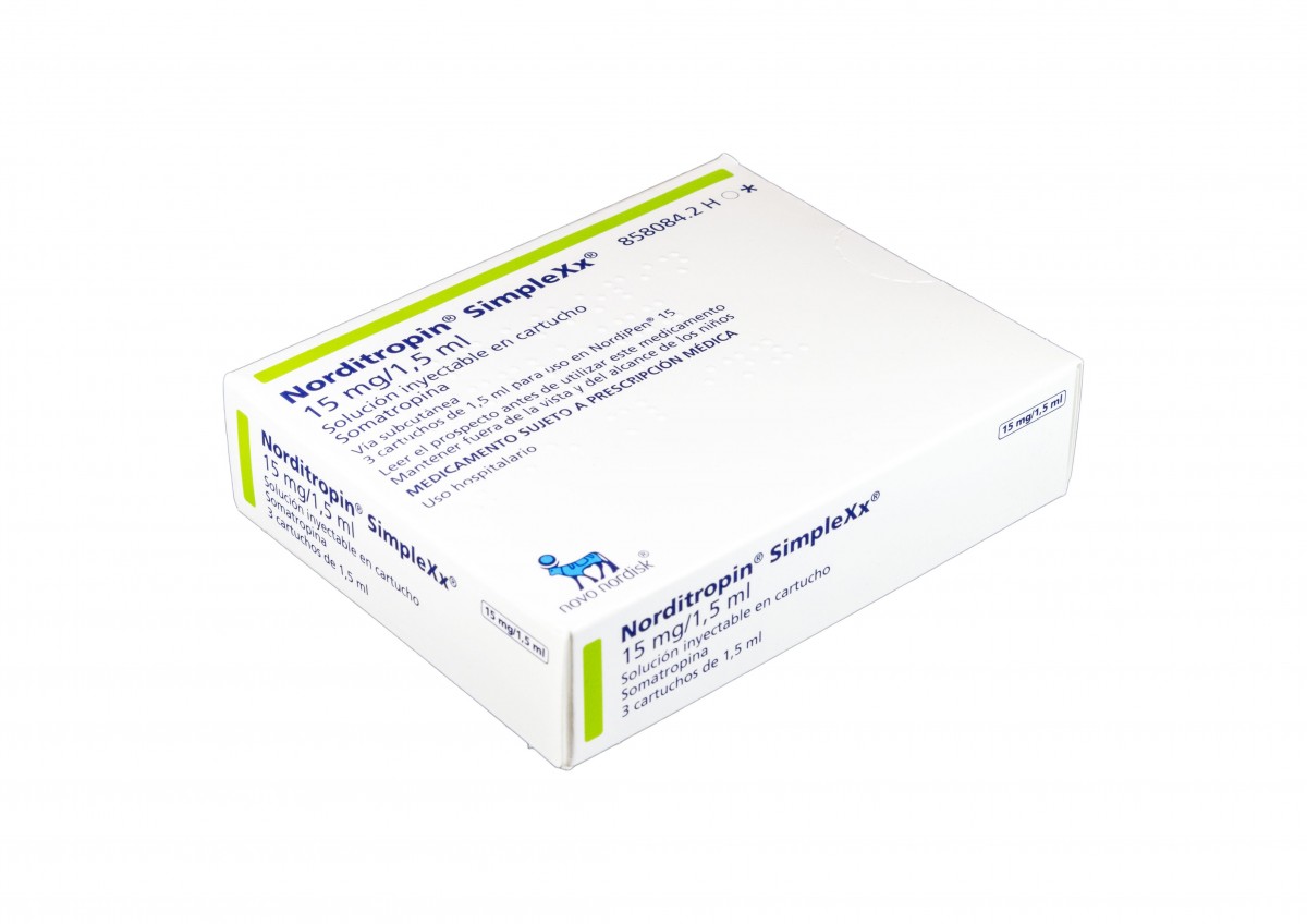 NORDITROPIN SIMPLEXX 15 mg/1,5 ml SOLUCION INYECTABLE, 3 cartuchos de 1,5 ml fotografía del envase.