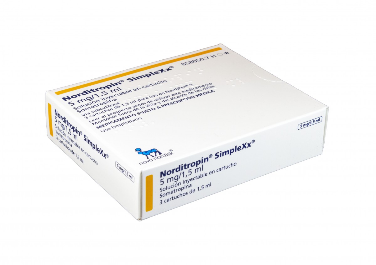 NORDITROPIN SIMPLEXX  5 mg/1,5 ml SOLUCION INYECTABLE, 3 cartuchos de 1,5 ml fotografía del envase.